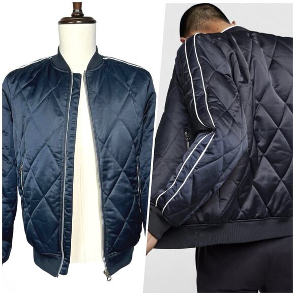 Zara Man | Men | Quilted Navy Blue Contrast Satin Bomber Jacket | Size Medium - Picture 1 of 16